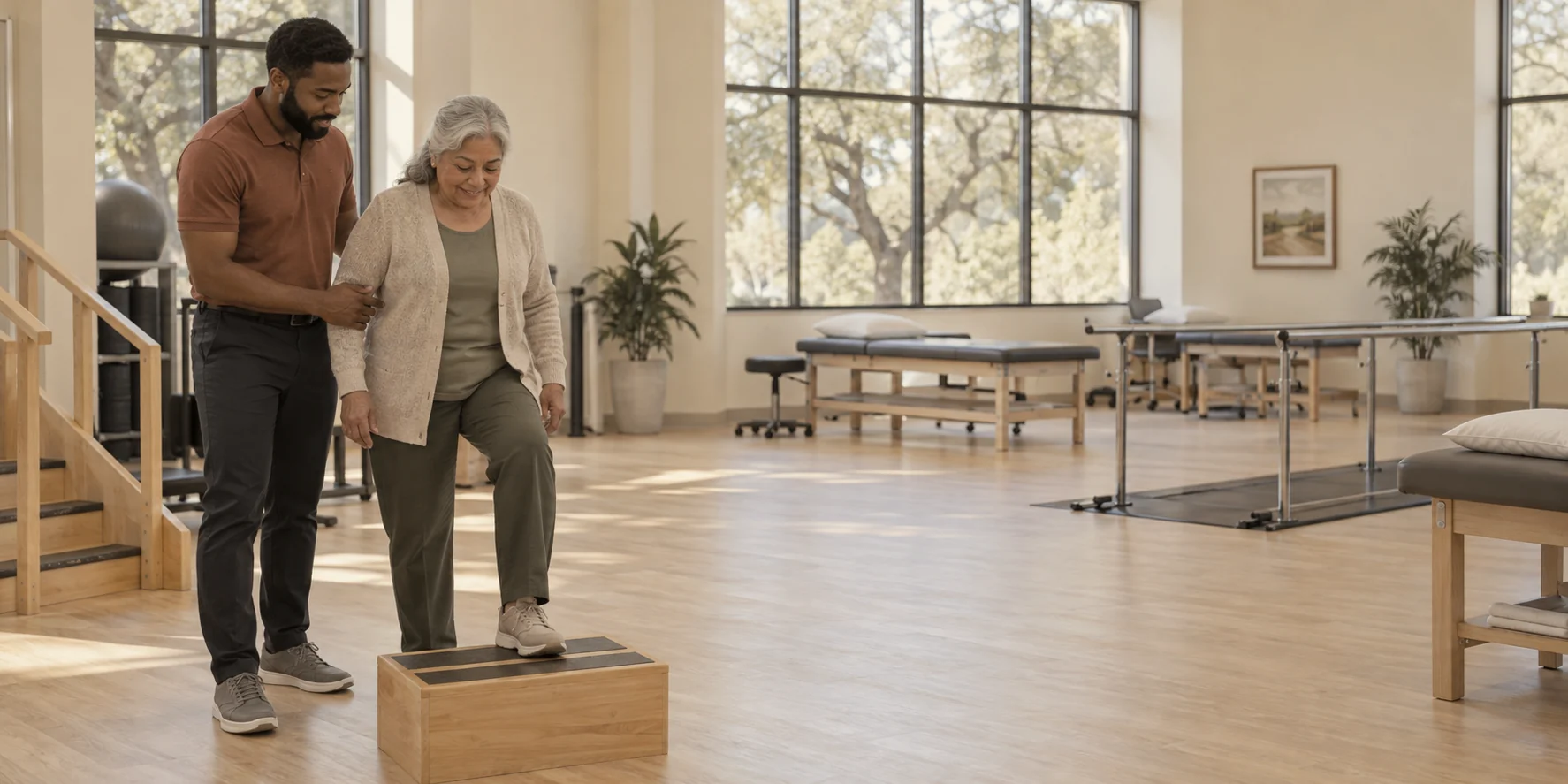 En fysioterapeut guider en ældre patient gennem en step-up-øvelse i en lys træningssal på klinikken