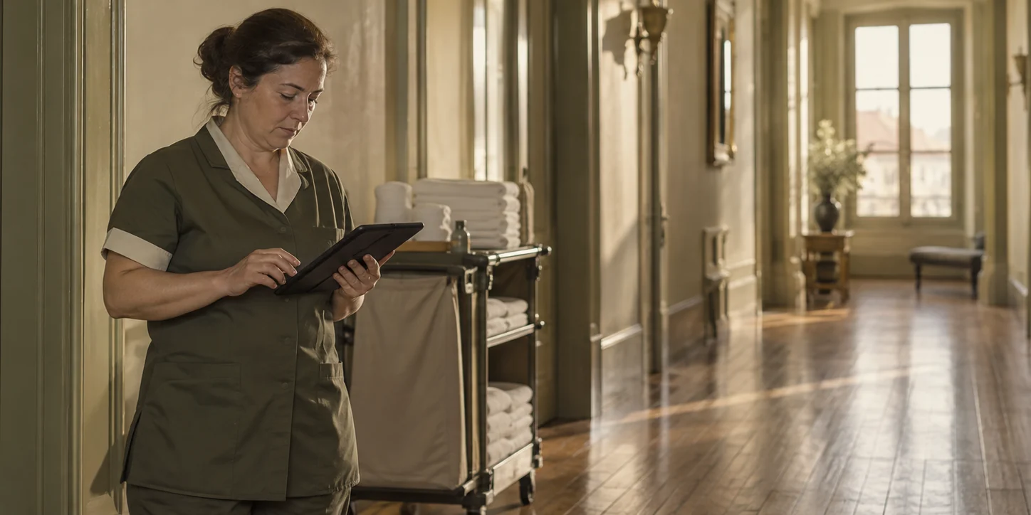 En housekeeping-supervisor tjekker en tablet på en hotelgang i det tidlige morgenlys