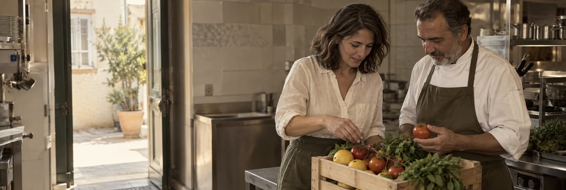 Marta Sarmento og køkkenchefen kigger på en morgenleverance af tomater og citroner ved køkkendøren