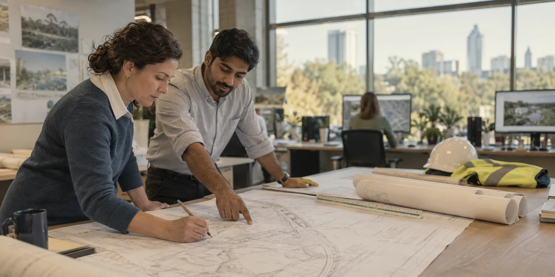 مهندس أول يدوّن ملاحظاته على مخطط موقع مطبوع فوق طاولة طويلة بينما يشير مهندس أصغر سنًا إلى أحد التفاصيل